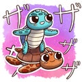 Turtle surfing another turtle Ã¢â¬â square size with watercolor background and Japanese onomatopoeia Royalty Free Stock Photo
